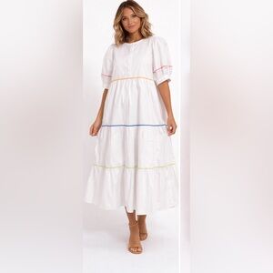 EUC Revolve English Factory Size XS Oversized White Midi Dress w Multicolor Trim